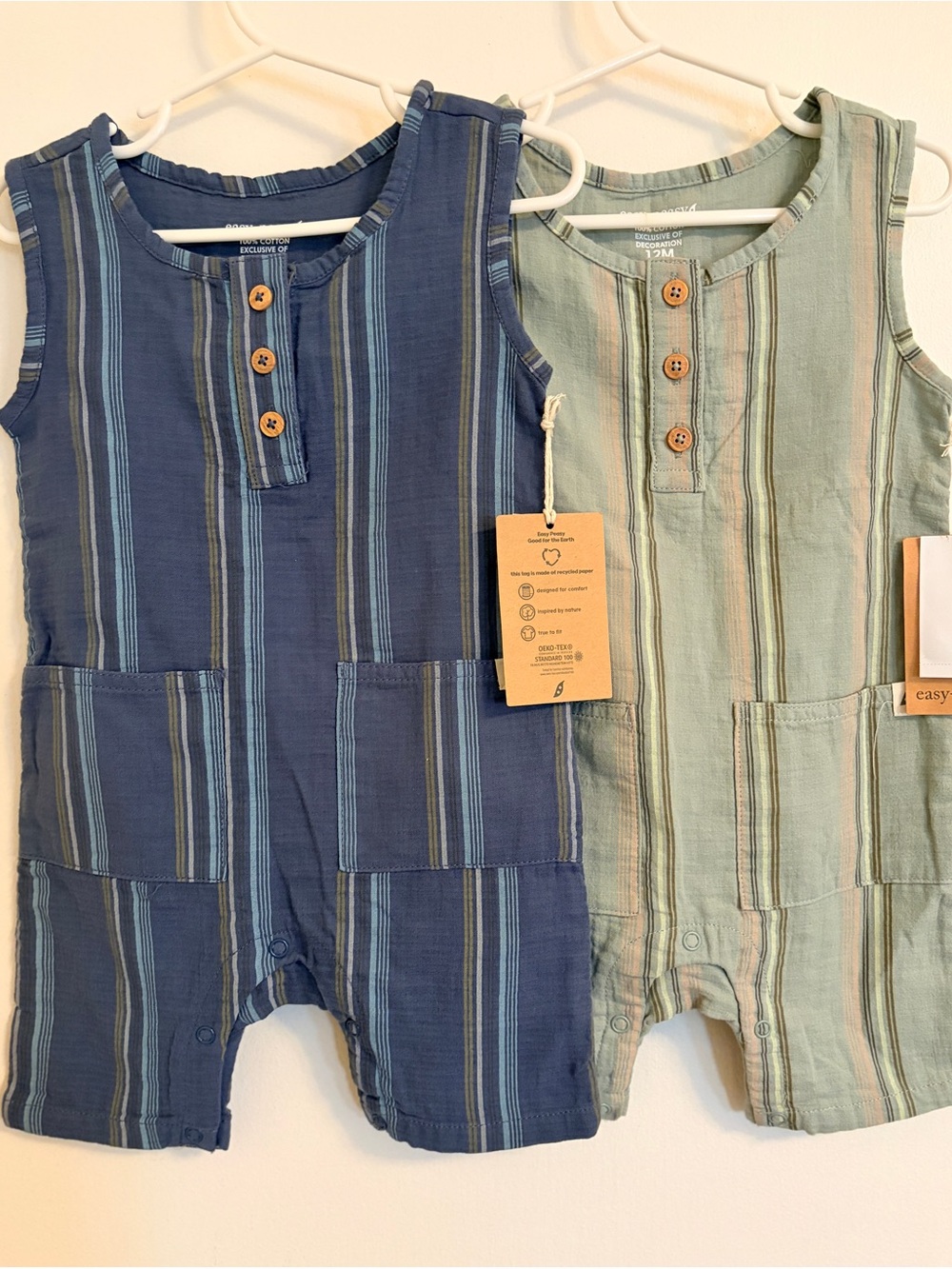 2-NWT Easy Peasy 12 Mon. Tank Rompers Cotton Blue/Sage green summer boy baby